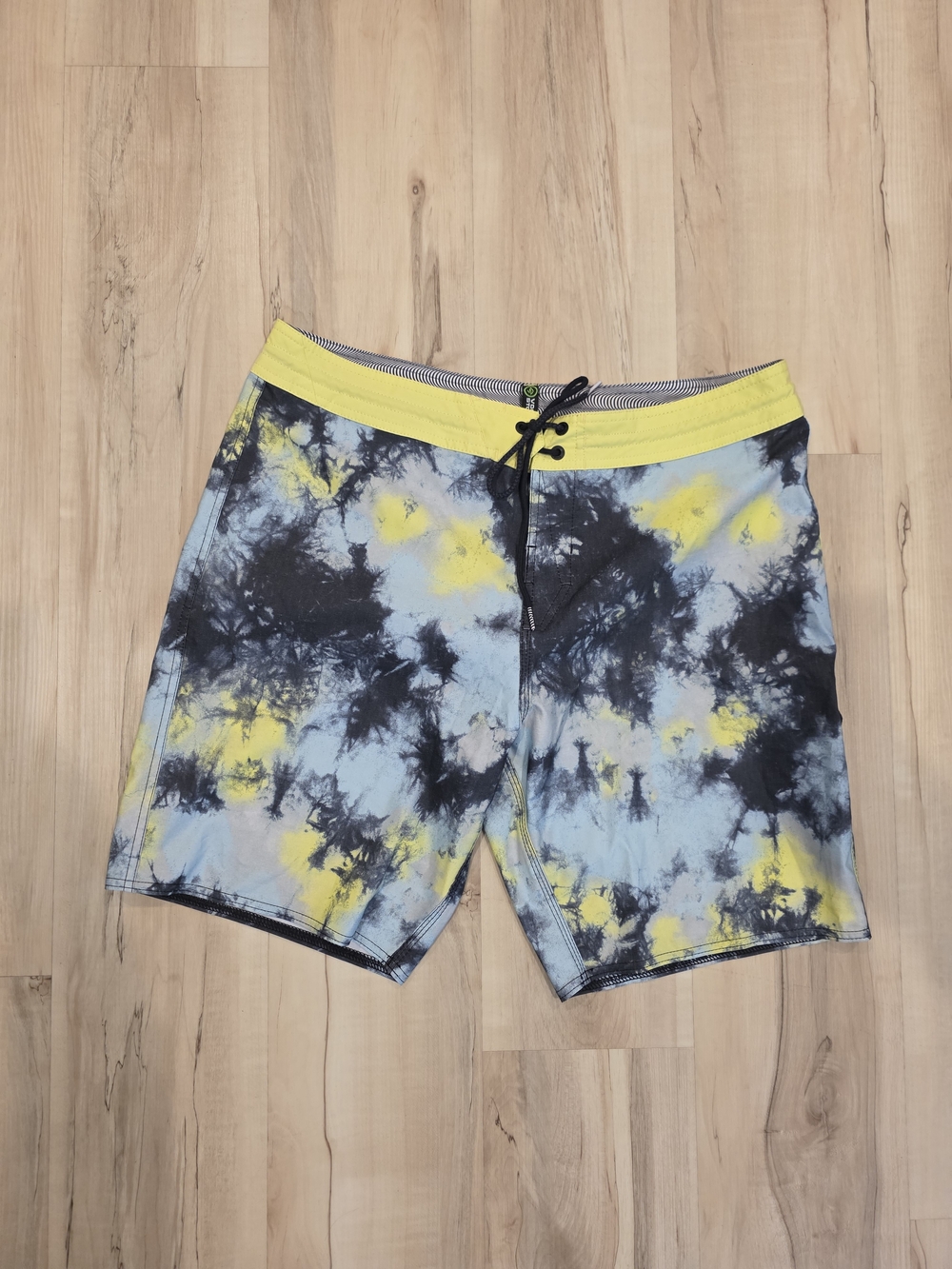 Volcom Blue, Yellow and Black Tie-Dye Board Shorts